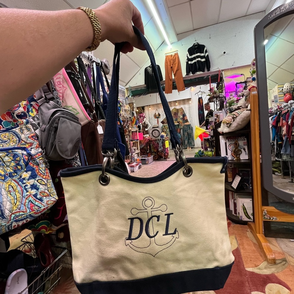 thirty-one Cream and Navy Canvas Tote with Anchor Monogram